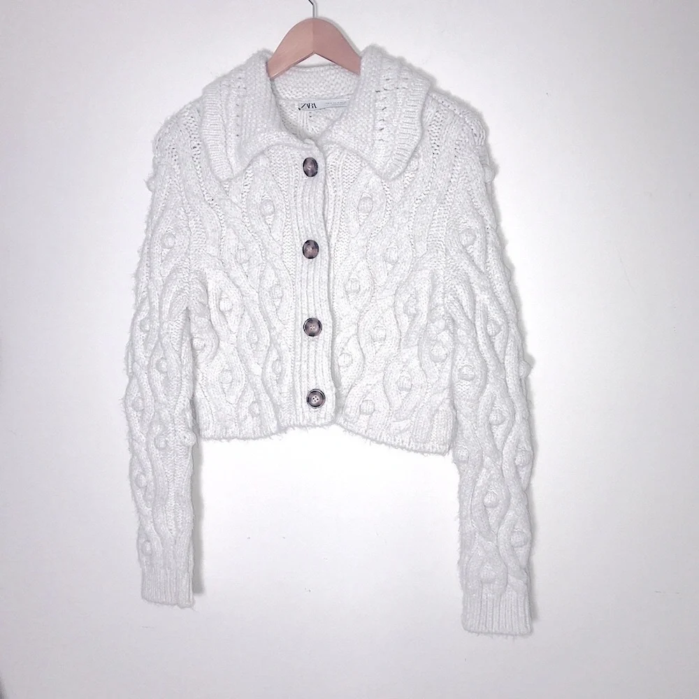 Cozy Cable Knit Button-Front Cream Sweater - Picture 12 of 12
